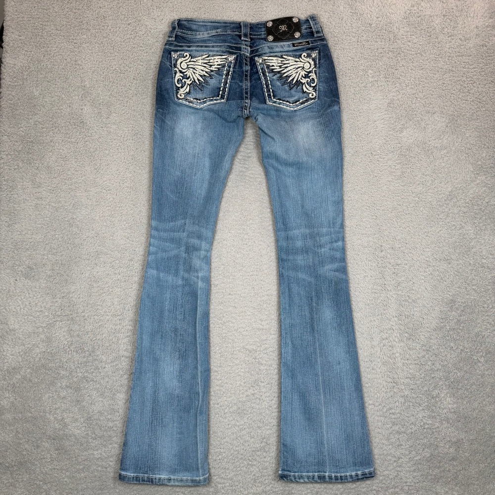 Miss Me Mid-Rise Bootcut Jeans Embellished Wing Pocket Blue Size 25x34 Y2K - Picture 2 of 14